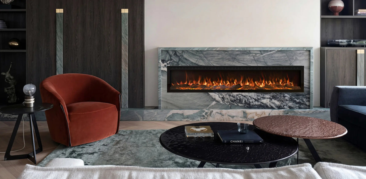 Modern living room with a built-in North Crest electric fireplace